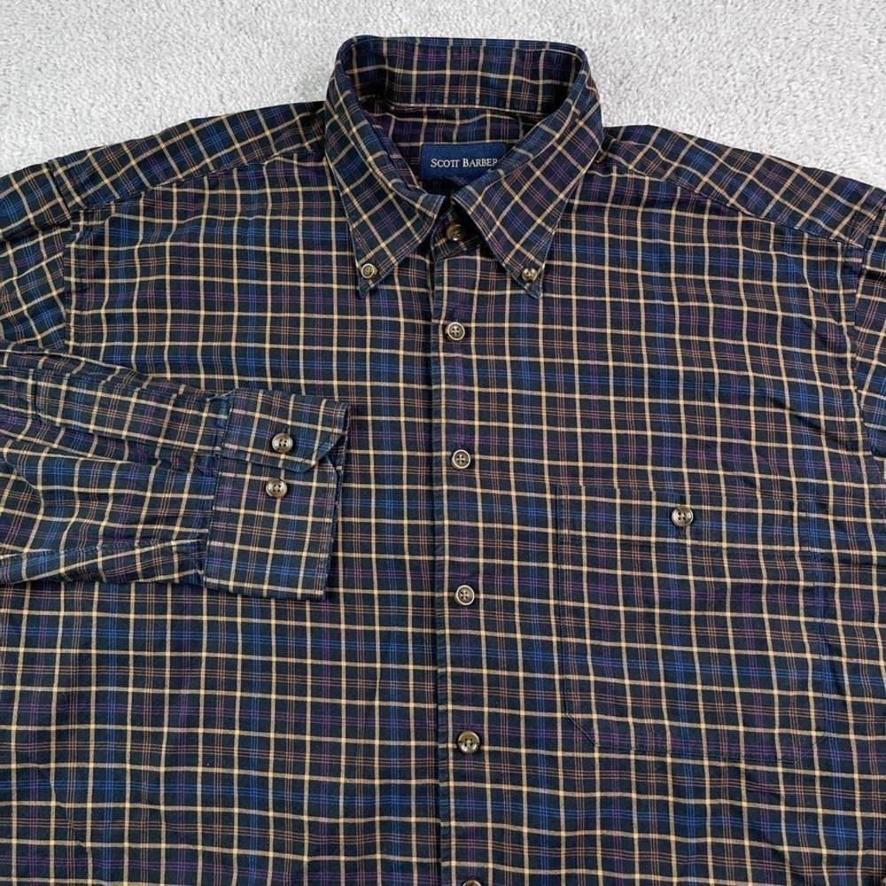 Scott Barber Shirt Mens Large Blue Tan Checkered Button Down Cotton Long Sleeve